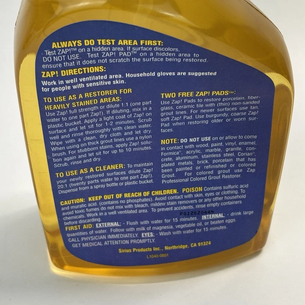 ZAP! PROFESSIONAL RESTORER Tile Porcelain Grout 32 oz Spray Bottle